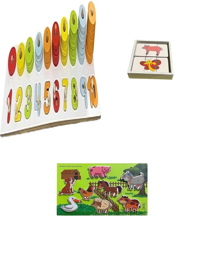 Kinder Creative Peg Number Ring Counting Set,Three-Part Puzzle for Toddlers,Chunky Stacking Farm Animals Puzzle, Educational Puzzle and Toys for Kids Pack of 3 - Image 1